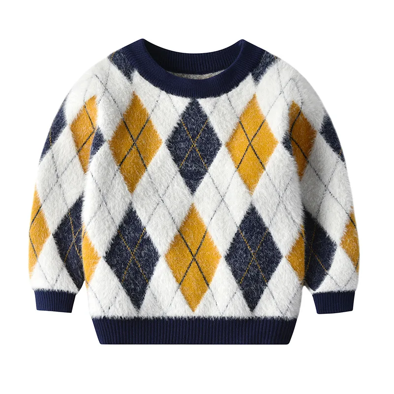 Зимние Детские свитера и топы для мальчиков, вязаный свитер с геометрическим рисунком для маленьких мальчиков, Повседневный пуловер с длинными рукавами, свитер