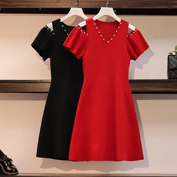 

COIGARSAM 4XL Plus Size Knitting Women dress Summer Beading V-Neck Dresses Red Black 8871