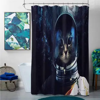 

Shower Curtains Cactus Space Cat,Astronaut Kitty Extragalactic Mission in Orbit Terestial Image,Dark Blue White and Orange,W69 x
