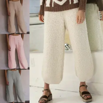 

Lady High Waist Straight Trousers Winter Warm Wide Leg Pants Soild Casual Fleece Warm Trousers
