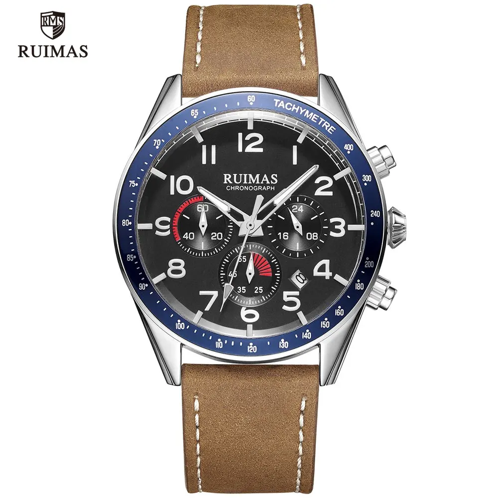 RL574G-Brown blue Мужские часы RUIMAS от ведущего бренда, Роскошные военные наручные часы с кожаным ремешком, модные повседневные спортивные часы с хронографом, Relogio 574 - Цвет: RL574G-Brown blue