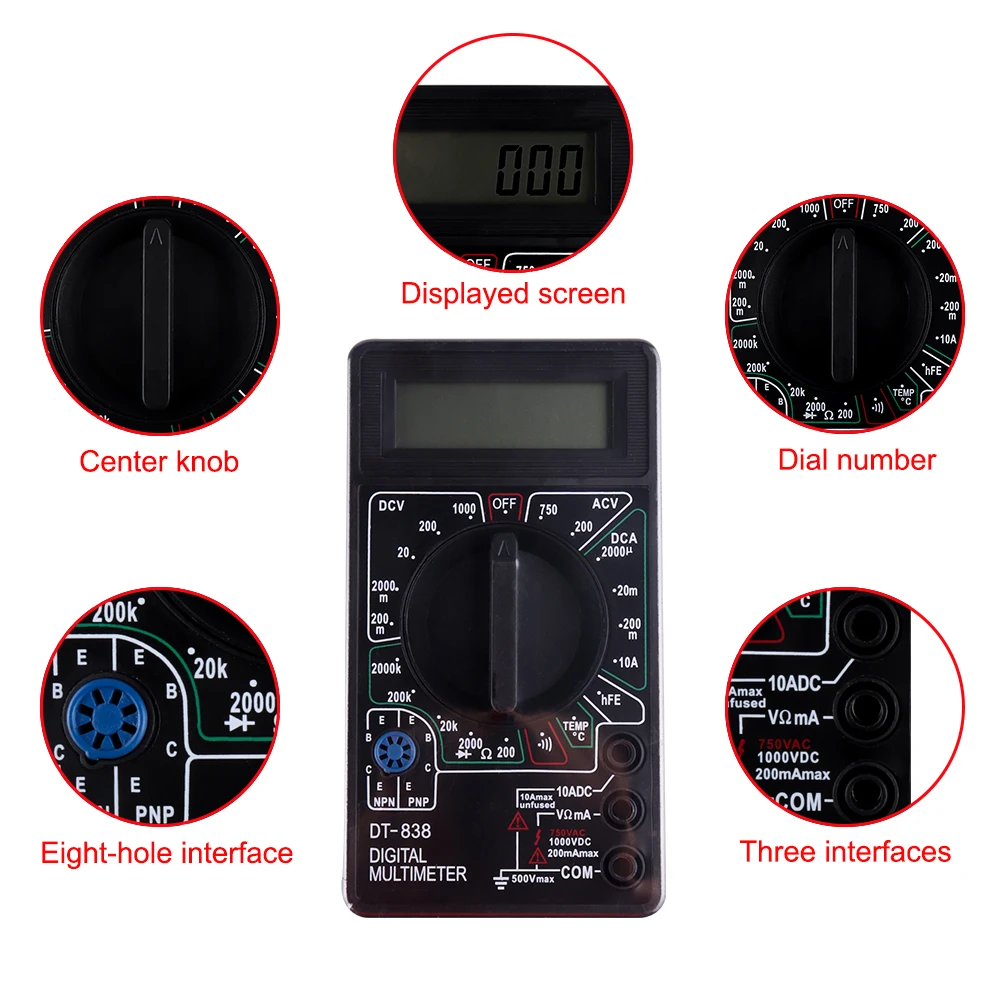 DT-838 Цифровой мультиметр Вольт/ампер/Ом/температура вольтметр Инструменты Измерительный инструмент