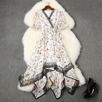 

HIGH QUALITY Newest 2020 Designer Runway Dress Women's Short Sleeve Charming Floral Lace Fringed Asymmetrical Dress
