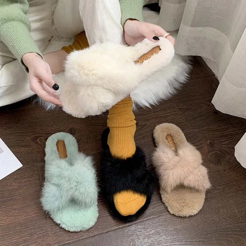 

Shoes Without Heel Low Flock Loafers Luxury Slides Women's Slippers 2019 Pokemon Plush Flat Designer New Fur Basic Rubber with