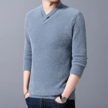 Зимний мужской модный свитер с вышитыми цветами, норковый бархатный теплый мужской свитер, мужской теплый Повседневный свитер с v-образным вырезом