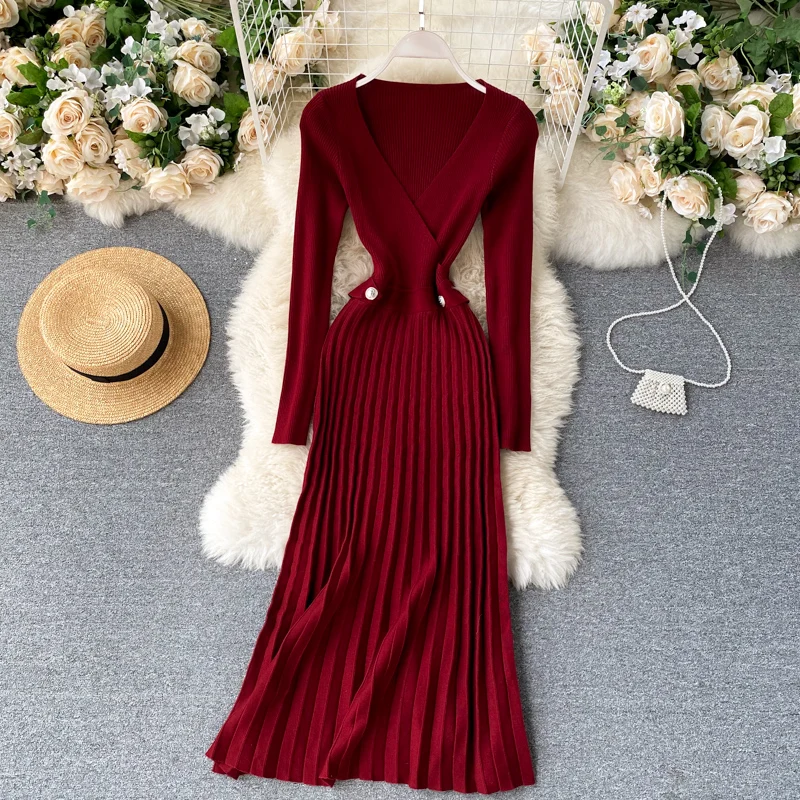 

Autumn Winter Women Knitted Pleated Dress V Neck Long Sleeves Party Dress Fashion Sexy Warm Bodycon Sweater Dresses For Female