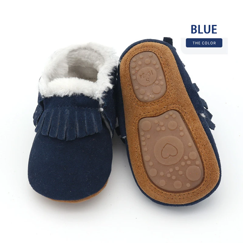Новинка года; зимняя детская обувь для маленьких девочек и мальчиков; детские мокасины из натуральной кожи с резиновой нескользящей подошвой - Цвет: Fringe Blue