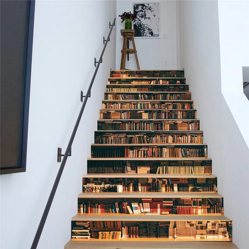 

13Pcs 3D Bookcase Staircase Sticker Diy Sticker Wall Decal Wallpaper Wallpaper Detachable Decor Home Decor