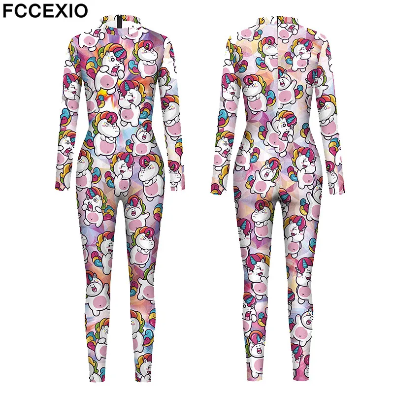 FCCEXIO Cartoon Black Unicorn Print Sexy Bodysuits Women  Long Sleeve Rainbow New Jumpsuit Skinny Party Slim Jumpsuits