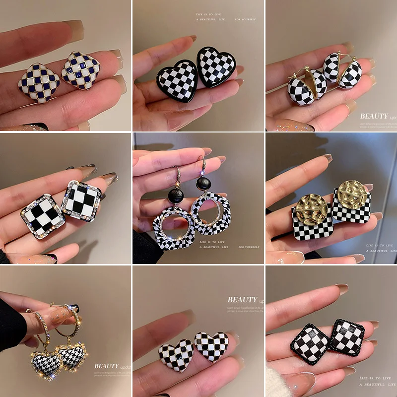 Серебряная игольчатая шахматная клетка любовь Геометрические Квадратные серьги