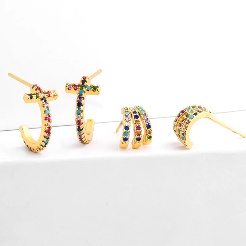 

Cross Gold Color Earrings Women Stud Earring CZ Paved Rainbow Fashion Jewelry Small Mini C Studs Aretes Dainty Climber MZ048