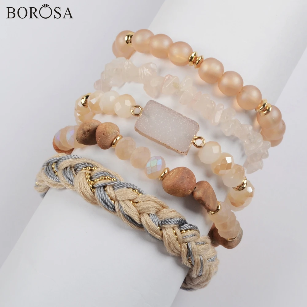 BOROSA 5 комплектов браслет наборы ювелирных украшений(5 шт./компл. разных Браслеты) светло-коричневый натуральный кулон agates druzy с украшением в виде кристаллов бисера стеклянные бусины, украшения WX1185