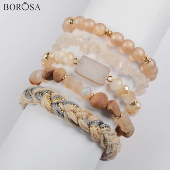 

BOROSA 5Sets Bracelet Sets (5Pcs/set Different Bracelets) Champagne Natural Agates Druzy Crystal Bead Glass Beads Jewelry WX1185