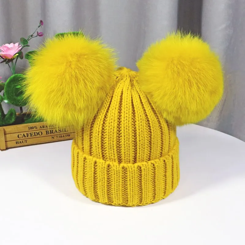 2021 New double natural Pom Poms hat Girls Boys Winter Warm Fur Pompom Ball Knitted Beanies Hat Skullies Beanies Cotton Bonnet