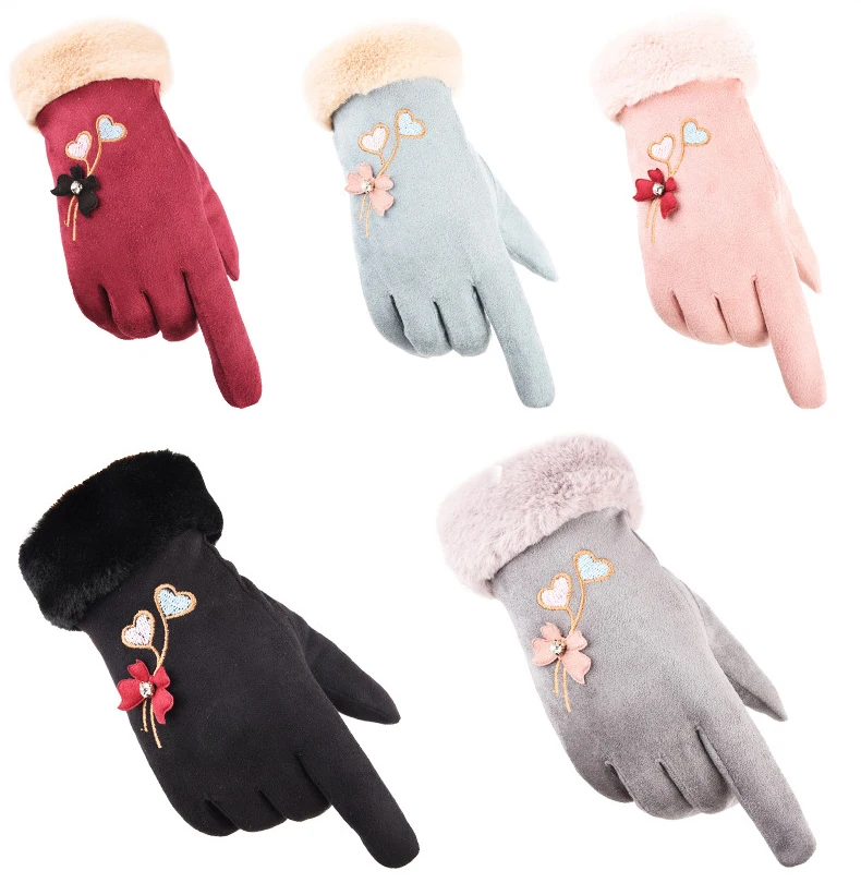 Chinese Style Women Winter Suede Wool Glove