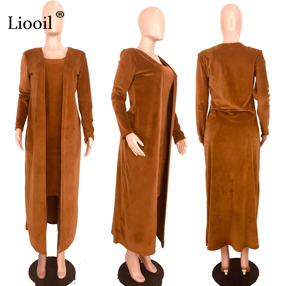 Liooil/Бархатный комплект из 2 предметов, вечерние Клубные наряды для женщин, осенне-зимний сексуальный кардиган с длинными рукавами, пальто и облегающее платье миди