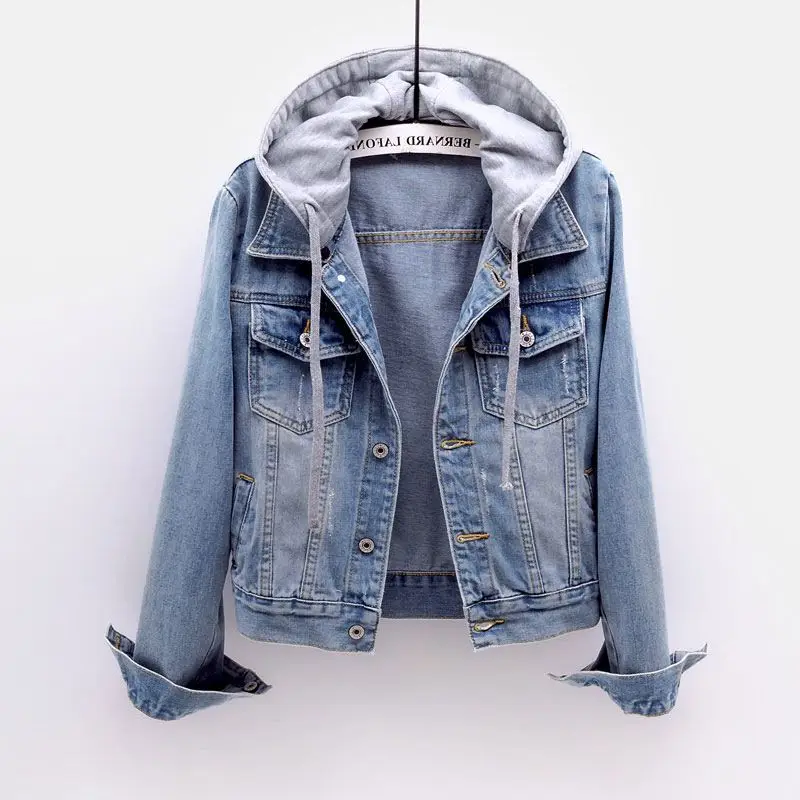 Vintage Denim Jacket Women Autumn Coat Hooded Outerwear Coats Basic Female Jeans Jacket Short