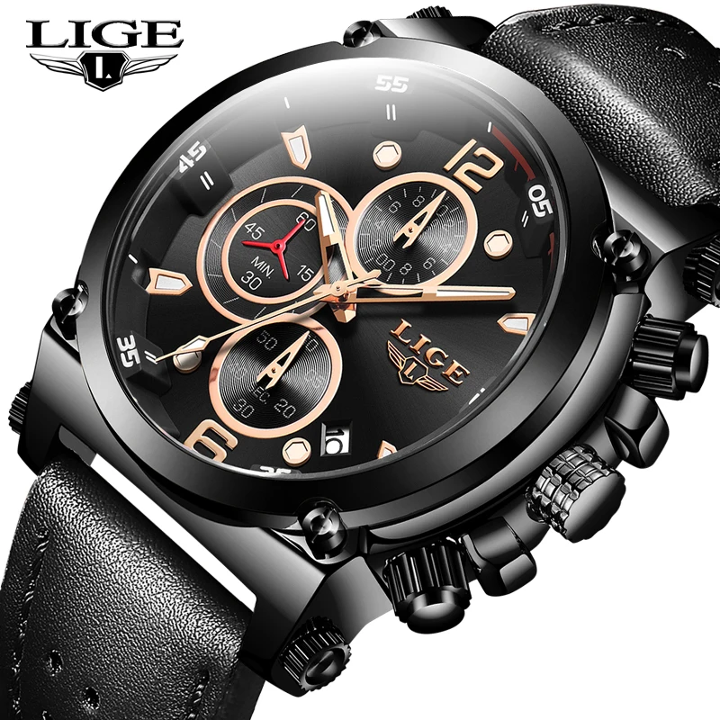 

Relojes Luxury Men Watches LIGE Top Brand Male Fashion Leather Sport Wristwatch Men Date Waterproof Chronograph Quartz Clock+Box