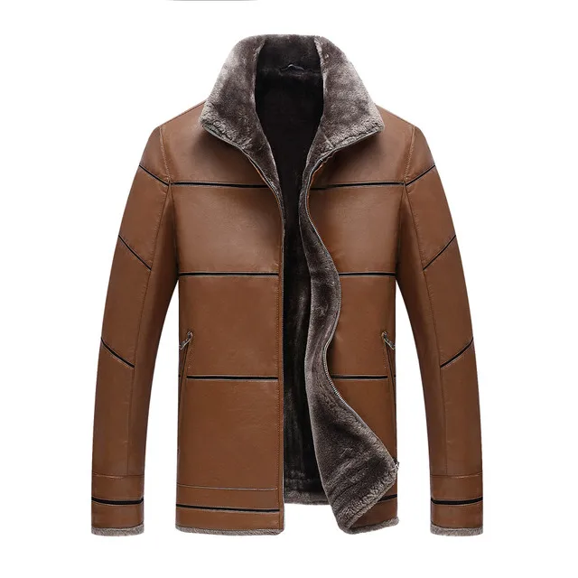 light brown Новое поступление мужские Куртки из искусственной кожи зимние теплые кожаные куртки модные брендовые мужские флисовые однотонные кожаные куртки пальто - Цвет: light brown