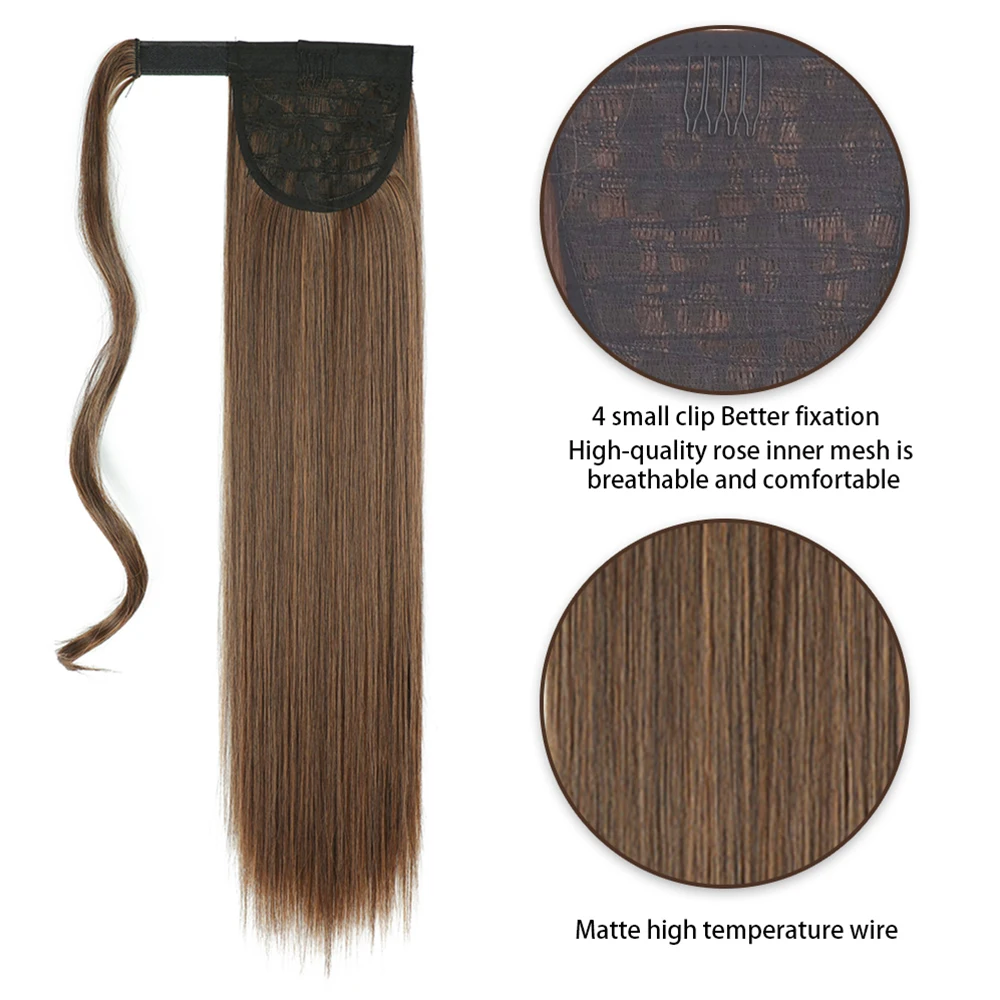 AZIR Synthetic Long Straight Wrap Around Clip on Ponytail Hair Extension fake hair extensions Heat Resistant Pony Tail Fake Hair Brown Gray