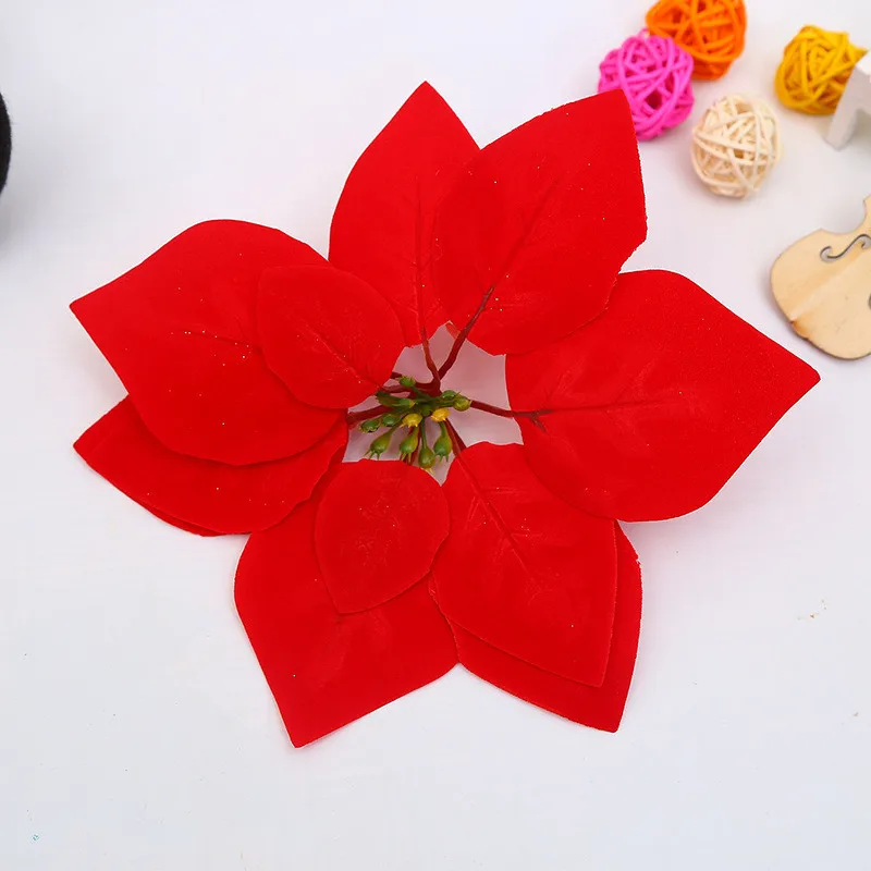 10 шт. искусственные красные рождественские цветы Poinsettia Цветок голова шелк Бархат год Рождественская елка украшения - Цвет: 21cm