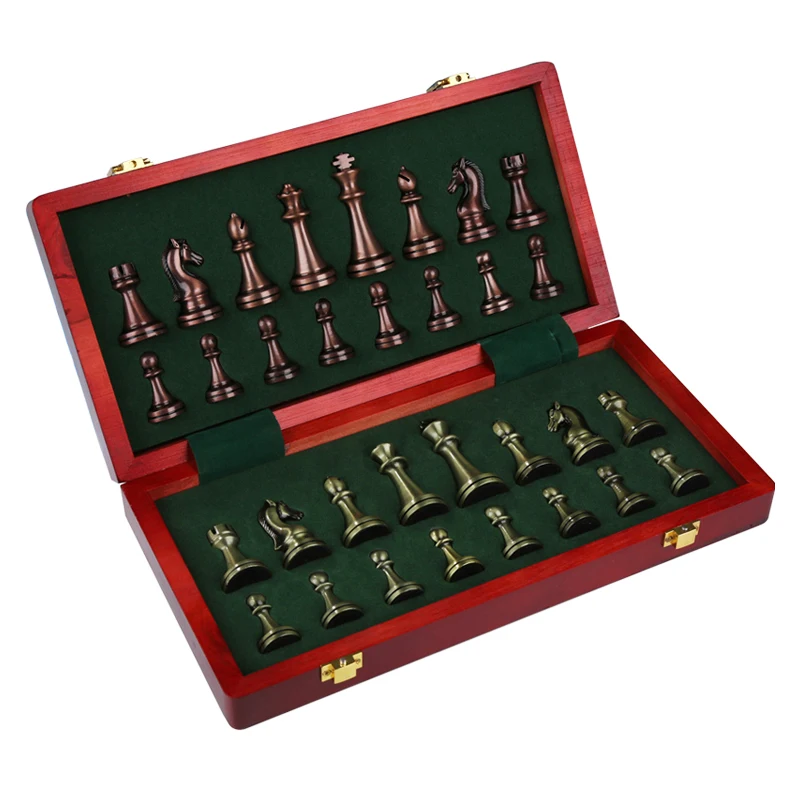 Classic Zinc Alloy Chess Pieces wood grain board Chess Game Outdoor leisure entertainment golden High Quality the qenueson
