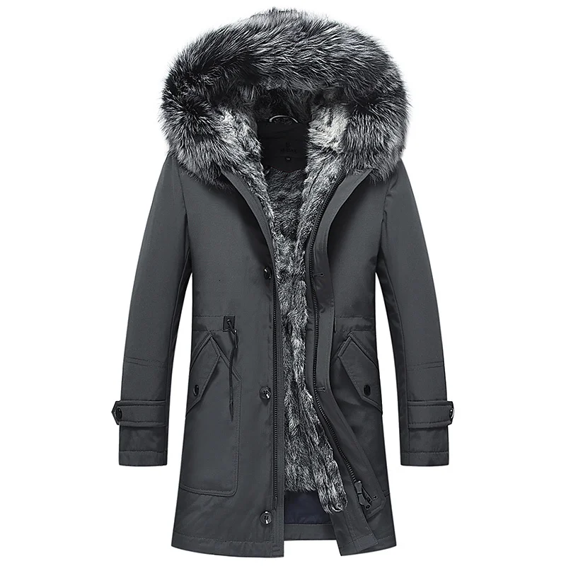 gray Пальто с натуральным мехом, Мужская парка, зимняя куртка, Воротник из меха серебристой лисы, длинная овчина, шерстяные парки на подкладке, De Hombre 99-0518 - Цвет: gray