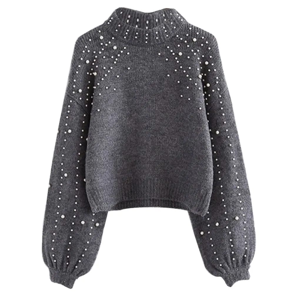SFIT, корейский стиль, Женский вязаный свитер с длинным рукавом, однотонный пуловер с круглым вырезом и жемчугом, свободный женский свитер - Цвет: Gray