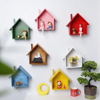 

Creative Wall Wooden Decor Retro Village Colored Small House Wall Shelf Hanging Storage Box Creative Sundry Storage Decoration