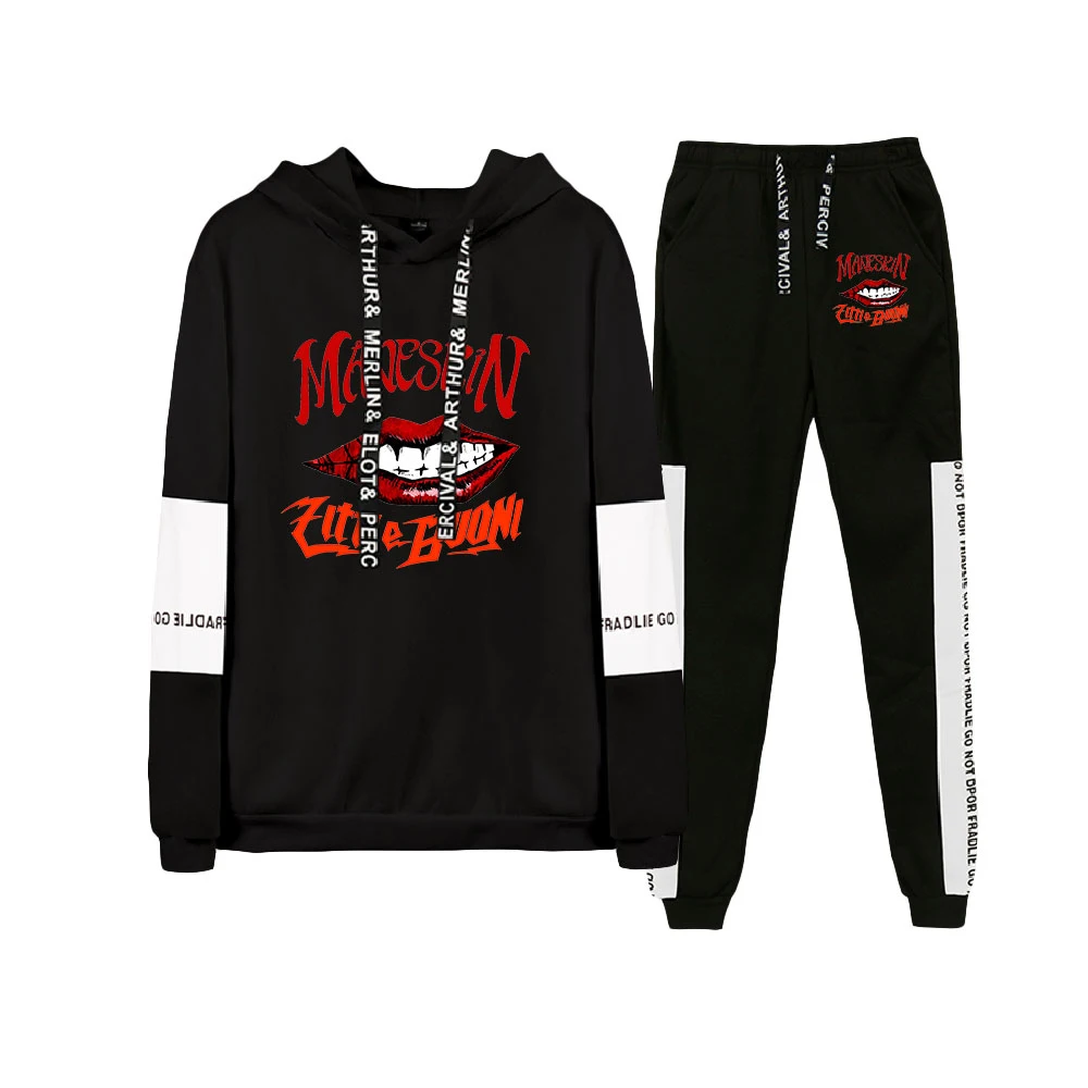 

Maneskin Paint fall winter Suit Hoodies Patchwork Sweatshirt Banded Pant Two Piece Streetwear HIP HOP style