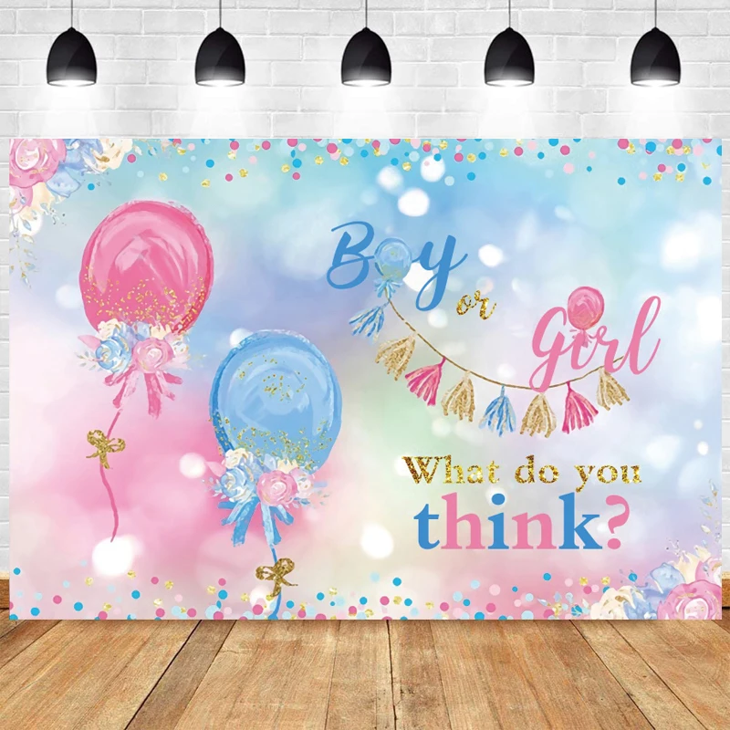 

Gender Reveal Boy or Girl Photo Backdrop He or She Party Elephant Balloon Flower Newborn Kids Photography Background Banner Prop