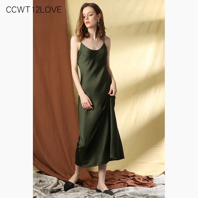 

New Long Satin Dress Women Solid O Neck a Line Sleeveless Dress Summer 2019 Ankle Length Ladies Casual Dress Loose Backless