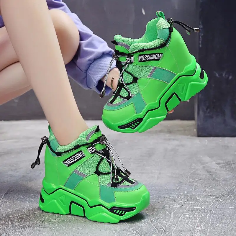 Najtaniej 2019 moda kobiety wysokie buty na platformie 11CM szpilki kobiety gruba podeszwa trampki jesień oddychające botki Chunky Boot Winter