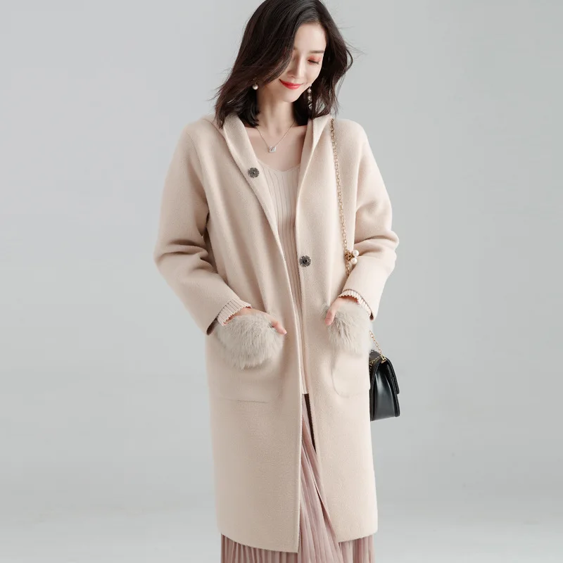 Beste Fishion Office Lady Hooded Lange Wollen Winterjassen Vrouwen Bedekt Knop Wollen Jas En Jas Losse Zakken Solid Dames Jassen