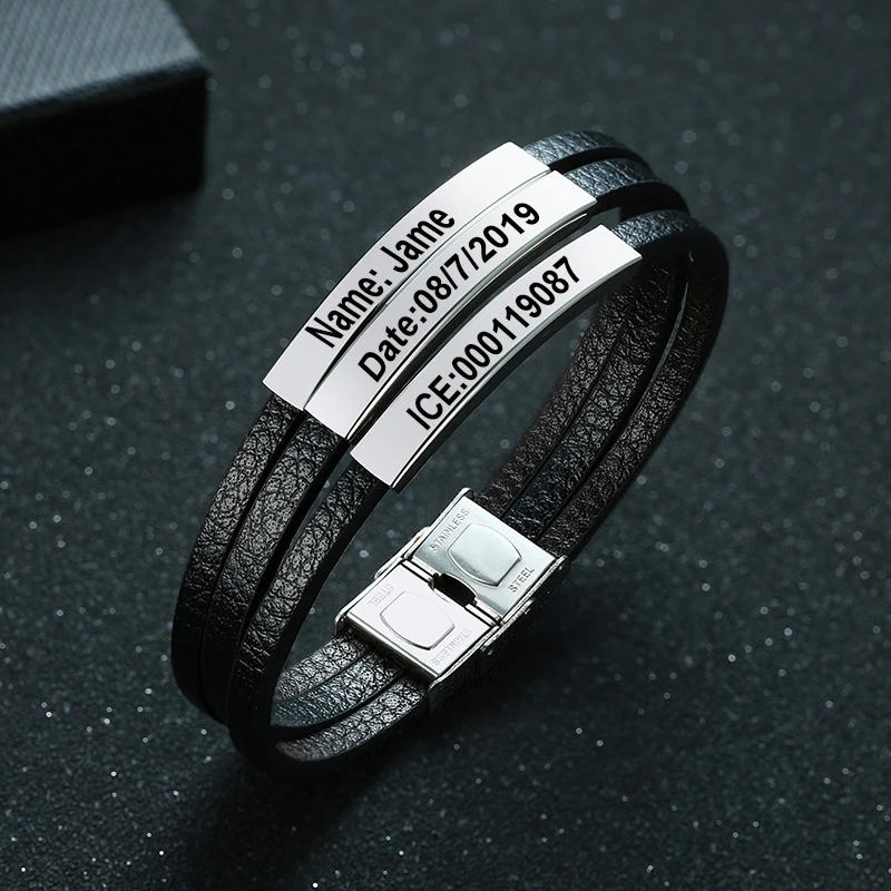 Fashion Jewelry Engraved Name Date Multi Layers Leather Bracelets Men Handmade Charm Bangle Wristhand Party Gift