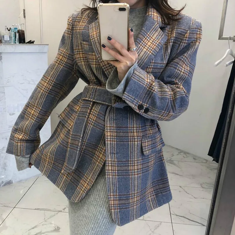 blue Neploe шикарный клетчатый полосатый однобортный OL Стиль Блейзер Feminino тонкая талия на шнуровке отложной воротник длинный рукав пальто с поясом - Цвет: blue