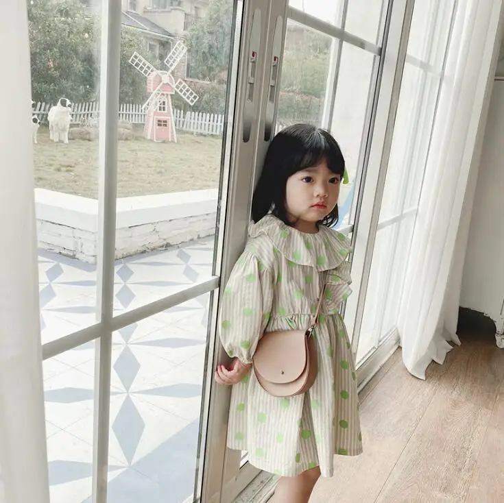 Платье в горошек с оборками в Корейском стиле для девочек, весенние хлопковые модные платья для девочек 2-8 лет