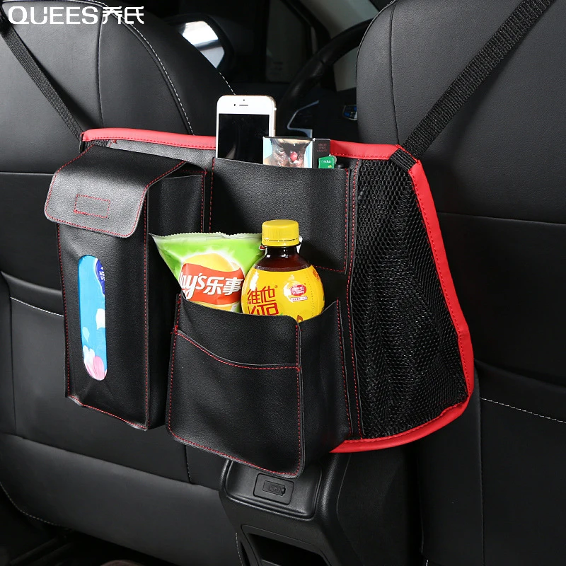 

QUEES Car Seat Storage Bag Net Pocket Upgraded Multi-function Car Organizer Tissue Bag Box Disposable Napkins Car Accessories