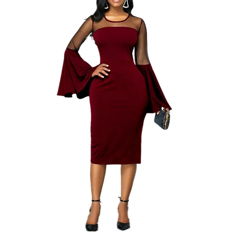 

Elegant Women Dress Mesh Patchwork Flare Sleeve Office Lady Formal Dresses Business Workwear Party Sheath Tunic Pencil Dress