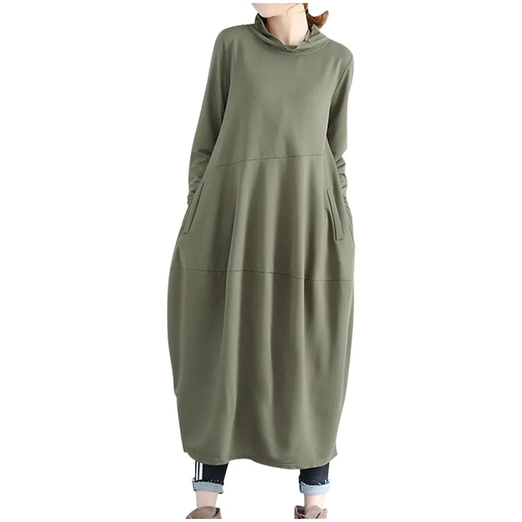nuevos trajes модное женское длинное платье с длинным рукавом, водолазка, однотонное Плиссированное льняное свободное платье espalda cruzada para mujer