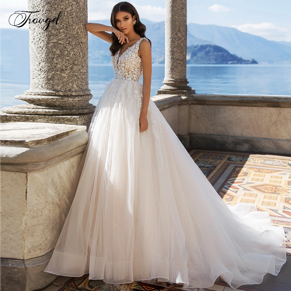

ТРАПЕЦИЕВИДНОЕ кружевное свадебное платье Traugel с V-образным вырезом, элегантное платье с аппликацией и рукавом-футляром, свадебное платье со шлейфом