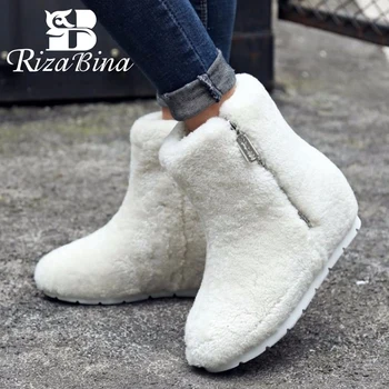 

RizaBina Winter Genuine Leather Women Ankle Boots Warm Fur Plush Snow Boots Feminina Fashion Zipper Women Shoes Size 34-39