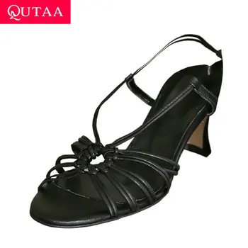 

QUTAA 2020 Open-toed Rome Sandals Quality Sheepskin Cut Outs Ladies Pumps Summer Thick High Heel Fashion Women Shoes Size 34-39