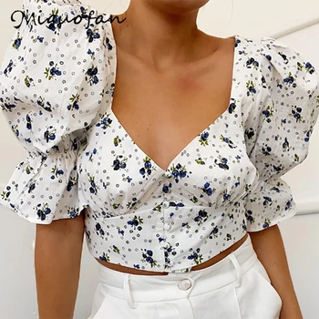 

Miguofan floral print short blouse women shirts vintage button sexy v neck puff short sleeve blouse summer beach boho blusas new
