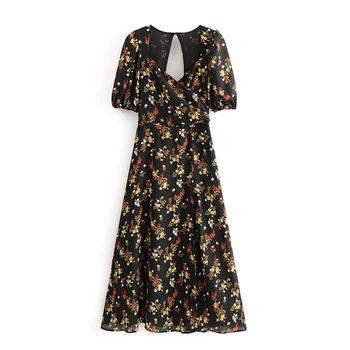 

2020 Spring Women's New French Printed Low Chest Front Collar Cross Short Sleeve Sexy Split Backless Long Dress