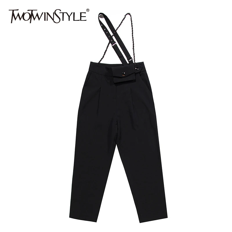 TWOTWINSTYLE Casual Black Overalls For Women High Waist With Sashes Ankle Length Wide Leg Pants Female 2020 Summer Fashion New | Женская