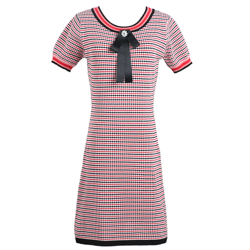 

2019 Autumn Winter Plaid Women Knitted Dress Runway Bow Striped Short Sleeve Female Midi Dresses Party Vestidos Clothes