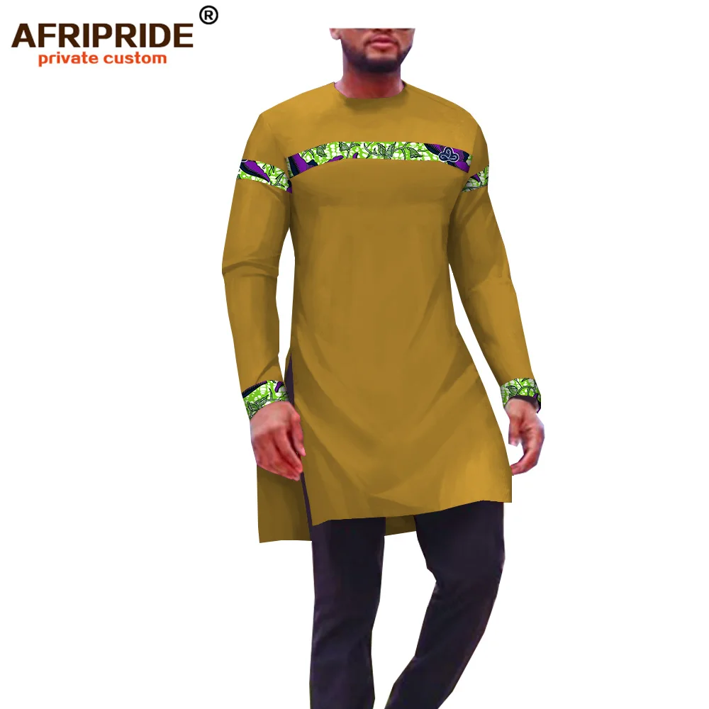 Африканская Повседневная рубашка для мужчин AFRIPRIDE сделанная на заказ рубашка с длинным рукавом и круглым вырезом с длинным разрезом по бокам африканская восковая хлопковая рубашка A1812002 - Цвет: 474J