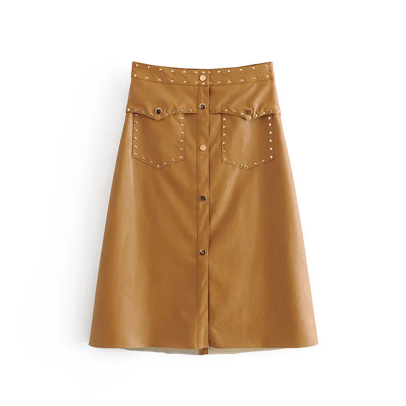 

2019 Europe And America Autumn New Style High-waisted Slimming Solid Color Rivet Ornament Faux Leather Skirt Skirt Women's 3046/