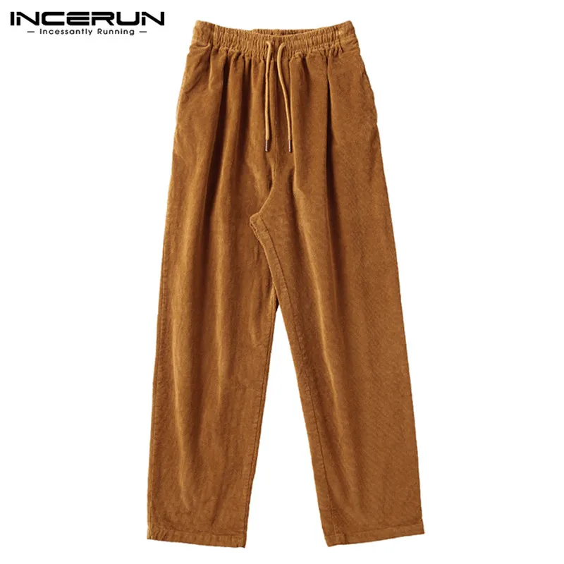 INCERUN мужские вельветовые прямые брюки с завязками, повседневные уличные зимние брюки для бега, мужские ретро одноцветные брюки, S-5XL